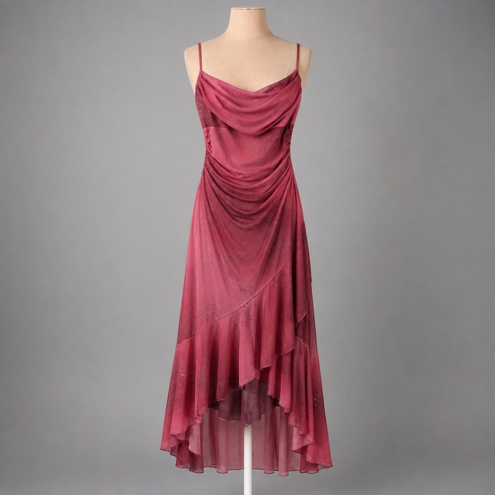 Vintage Y2K Fairy Grunge Maxi Dress Size S Pink Cowl Neck Stretch Mesh Ethereal